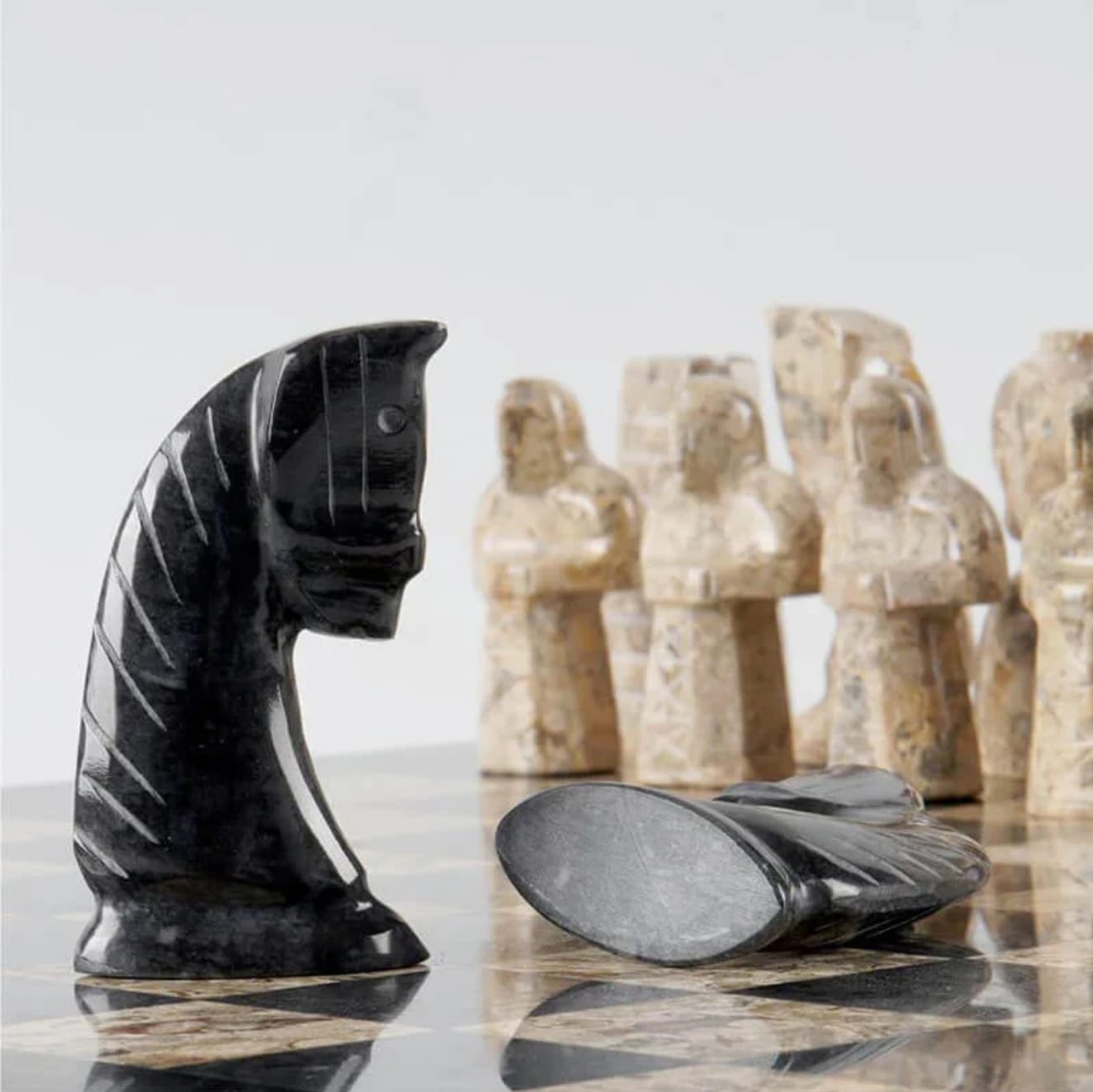 Limited Edition Handcrafted Black & Coral Marble Chess Set with Antique Pieces