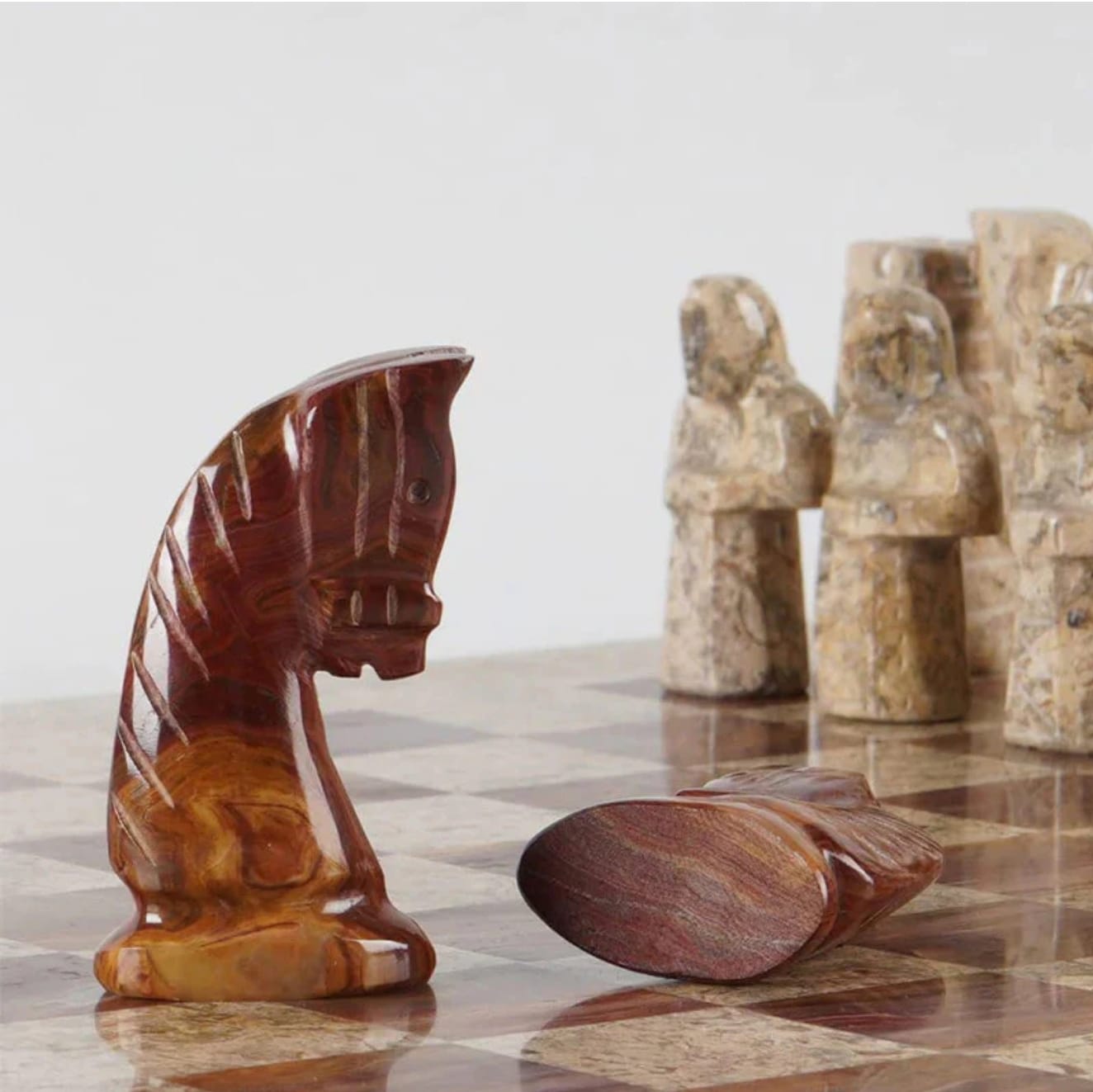 Limited Edition Handcrafted Coral & Red Marble Chess Set with Antique Pieces