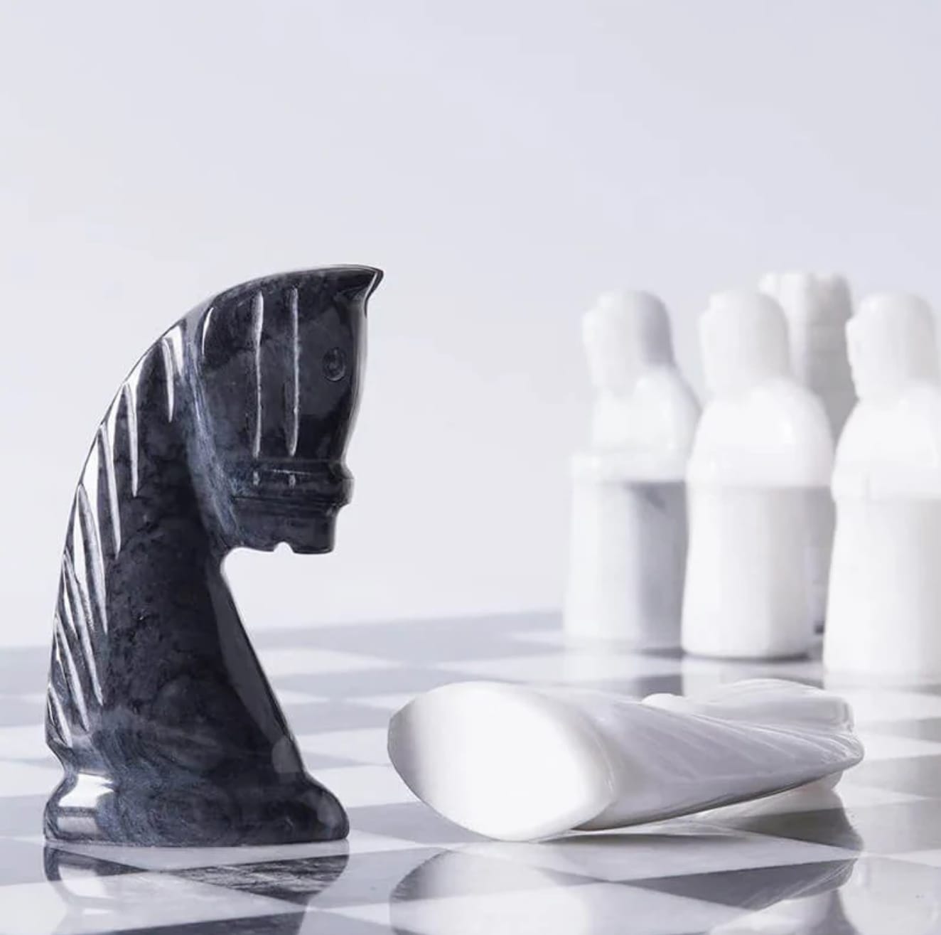 Limited Edition Handcrafted Black & White Marble Chess Set with Antique Pieces