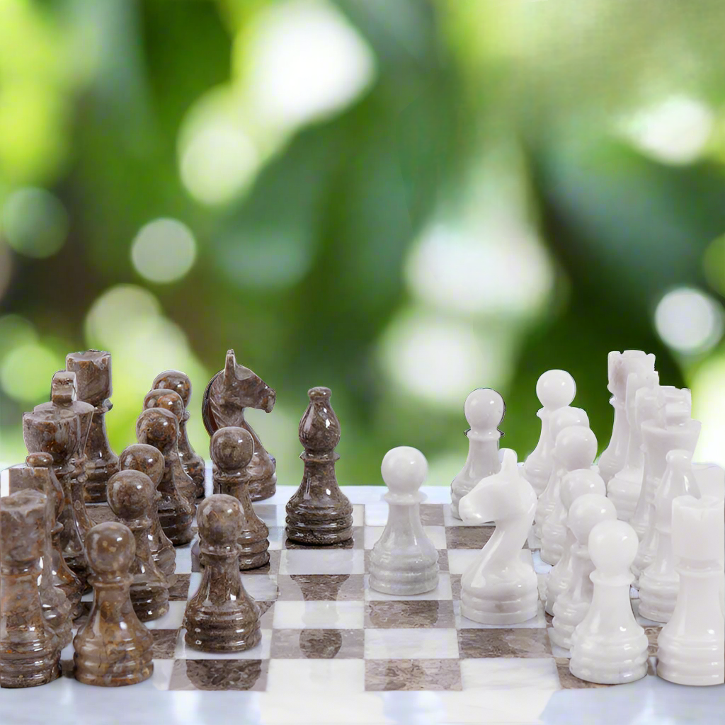 Serene Serenity: White & Gray Marble Chess Set