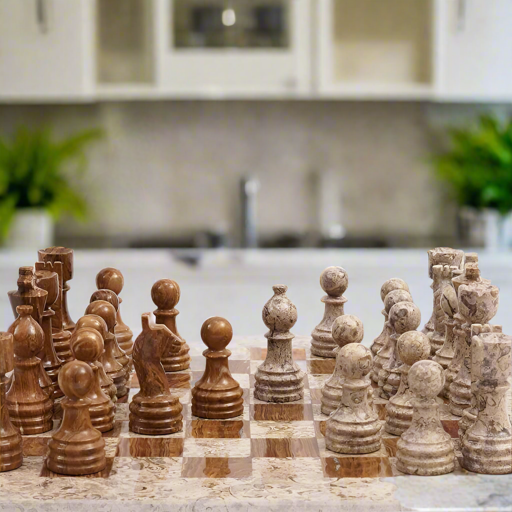 Warm and Inviting: Coral & Brown Marble Chess Set