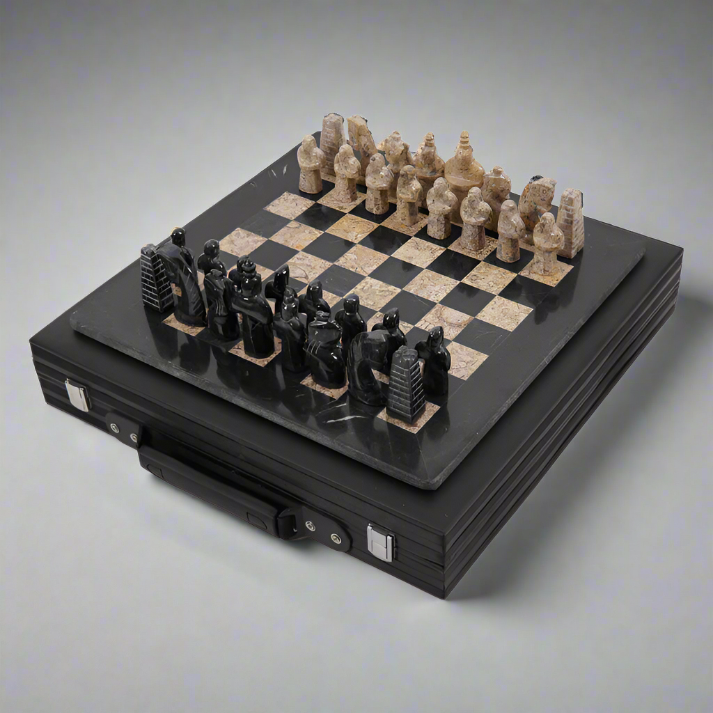 Limited Edition Handcrafted Black & Coral Marble Chess Set with Antique Pieces