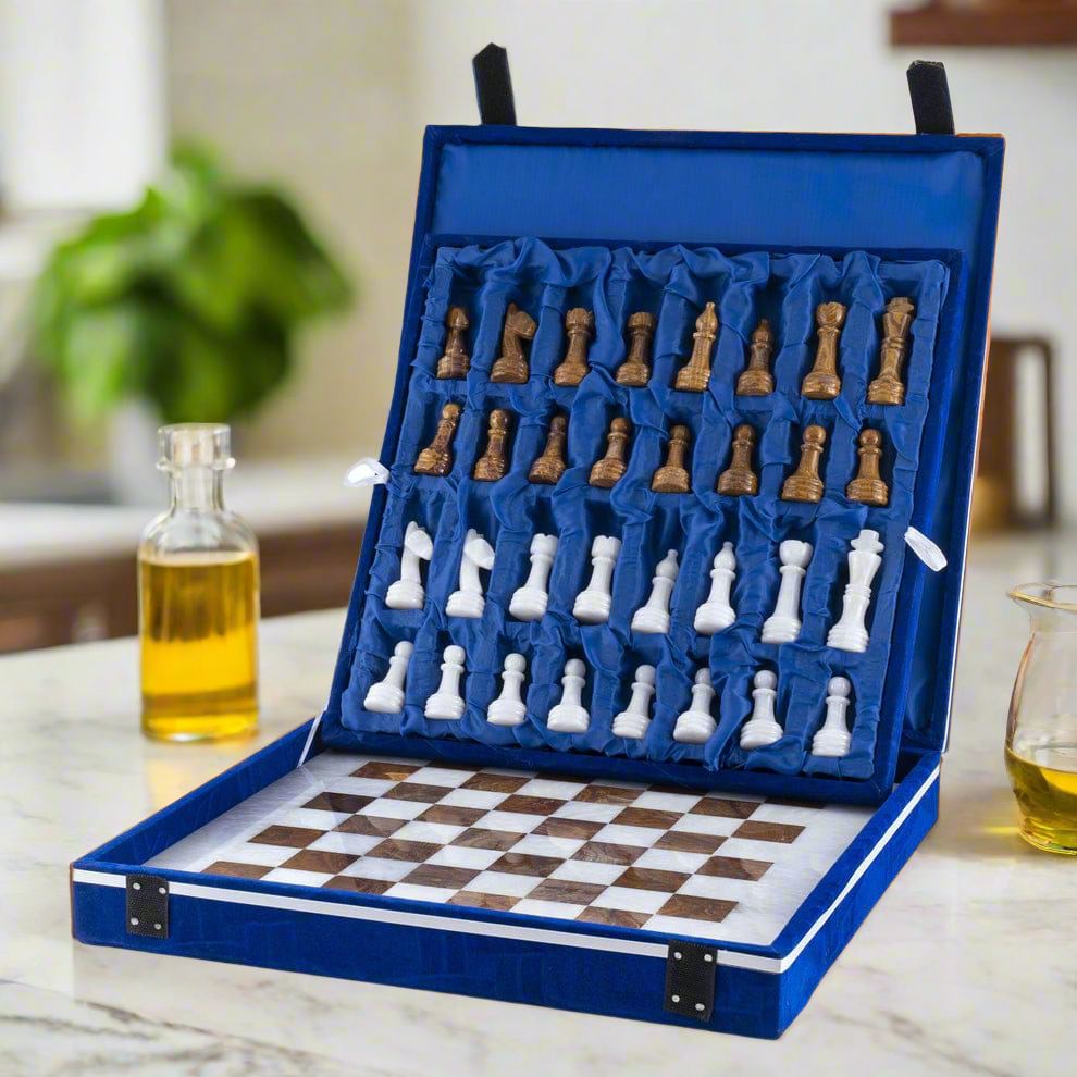 Bold and Dramatic: White & Brown Marble Chess Set