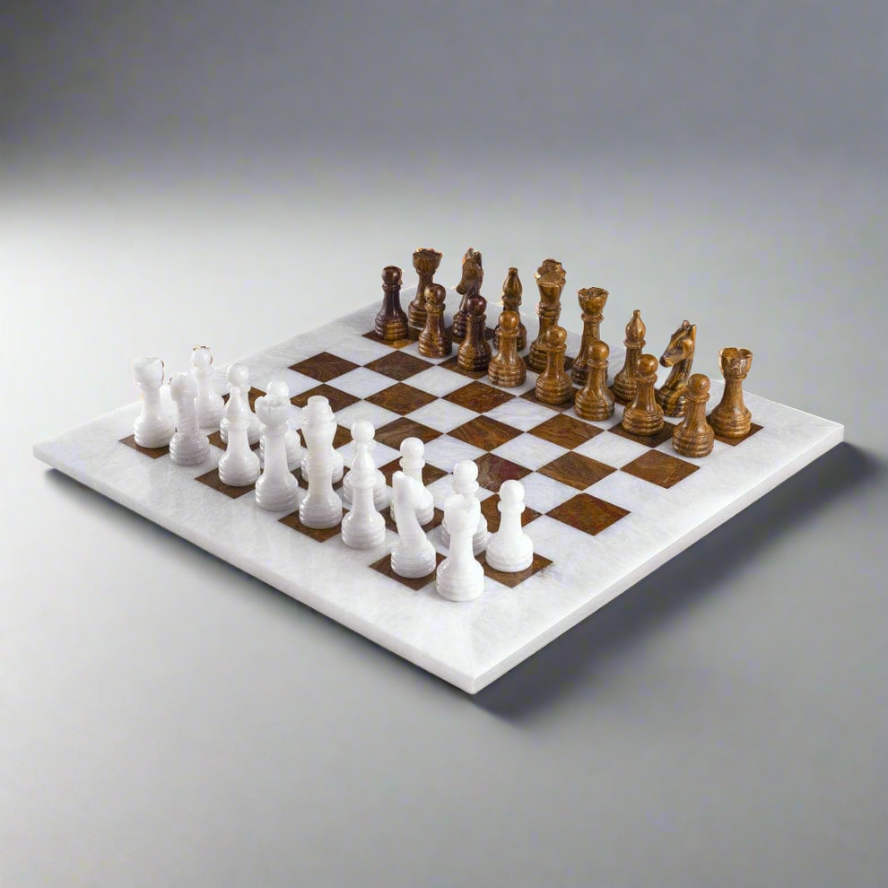 Bold and Dramatic: White & Brown Marble Chess Set