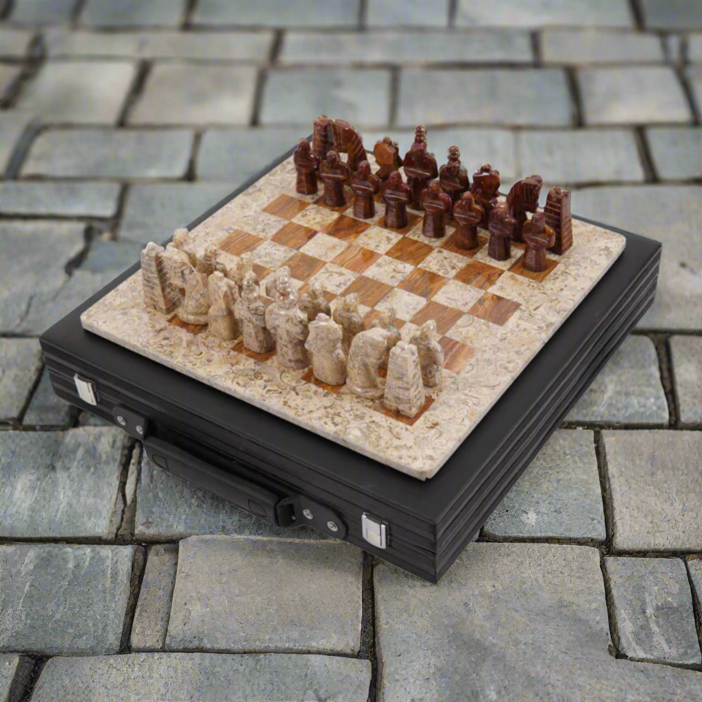 Limited Edition Handcrafted Coral & Red Marble Chess Set with Antique Pieces