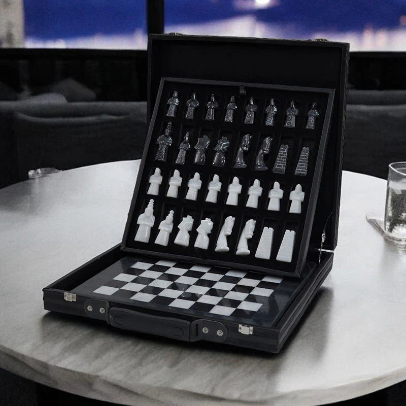 Limited Edition Handcrafted Black & White Marble Chess Set with Antique Pieces