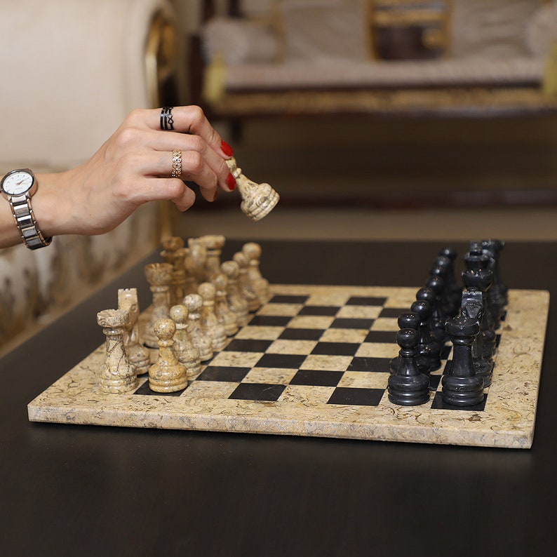 Vibrant Contrast: Coral & Black Marble Chess Set