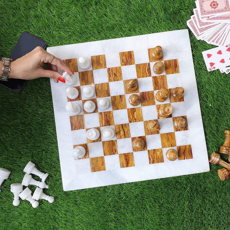 Bold and Dramatic: White & Brown Marble Chess Set