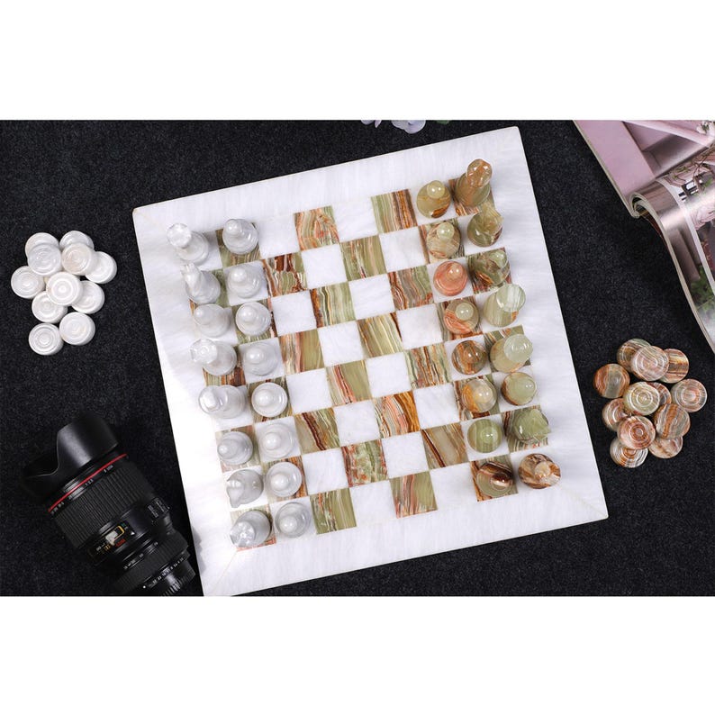 Luxurious and Timeless: White & Onyx Marble Chess Set