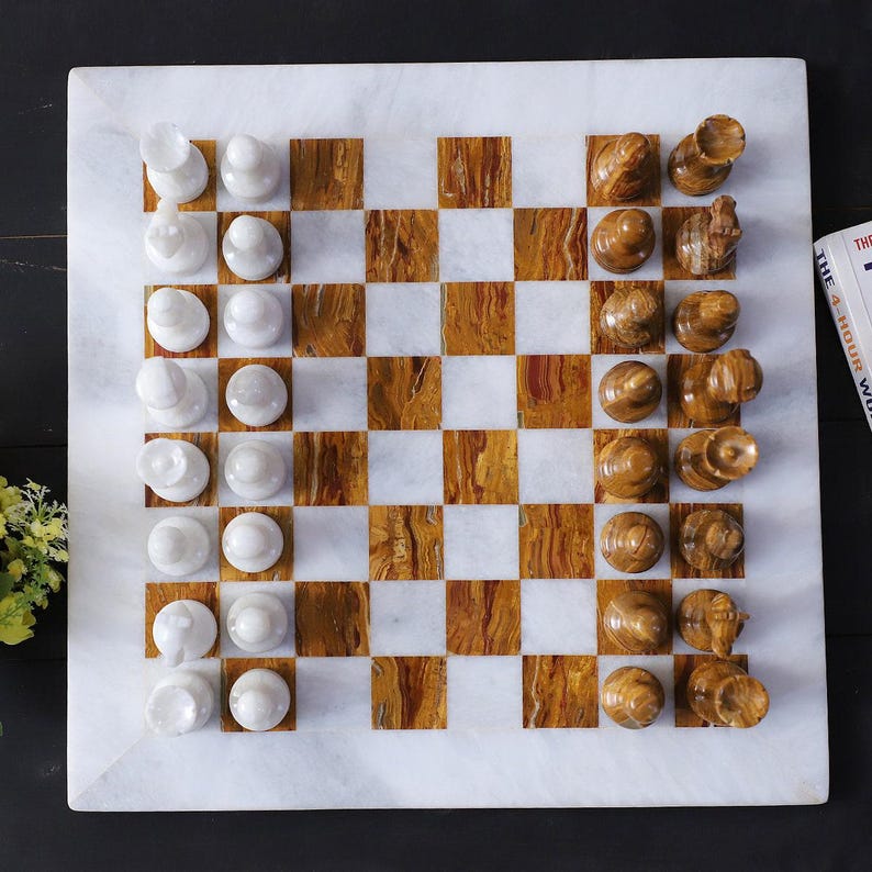 Bold and Dramatic: White & Brown Marble Chess Set