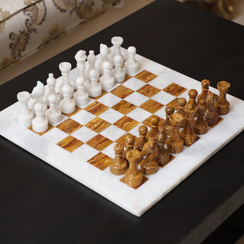 Bold and Dramatic: White & Brown Marble Chess Set