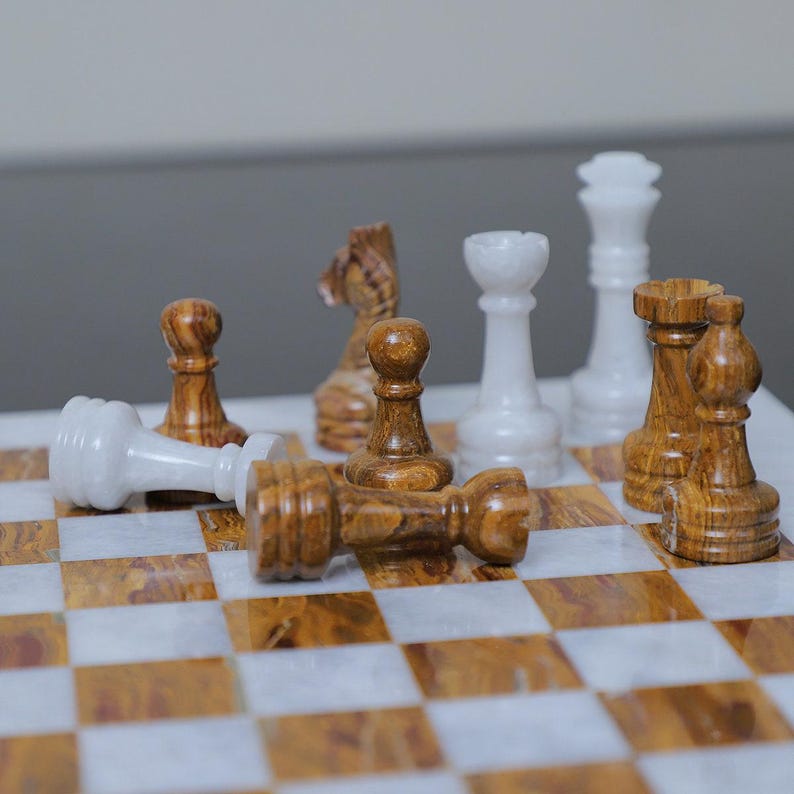 Bold and Dramatic: White & Brown Marble Chess Set