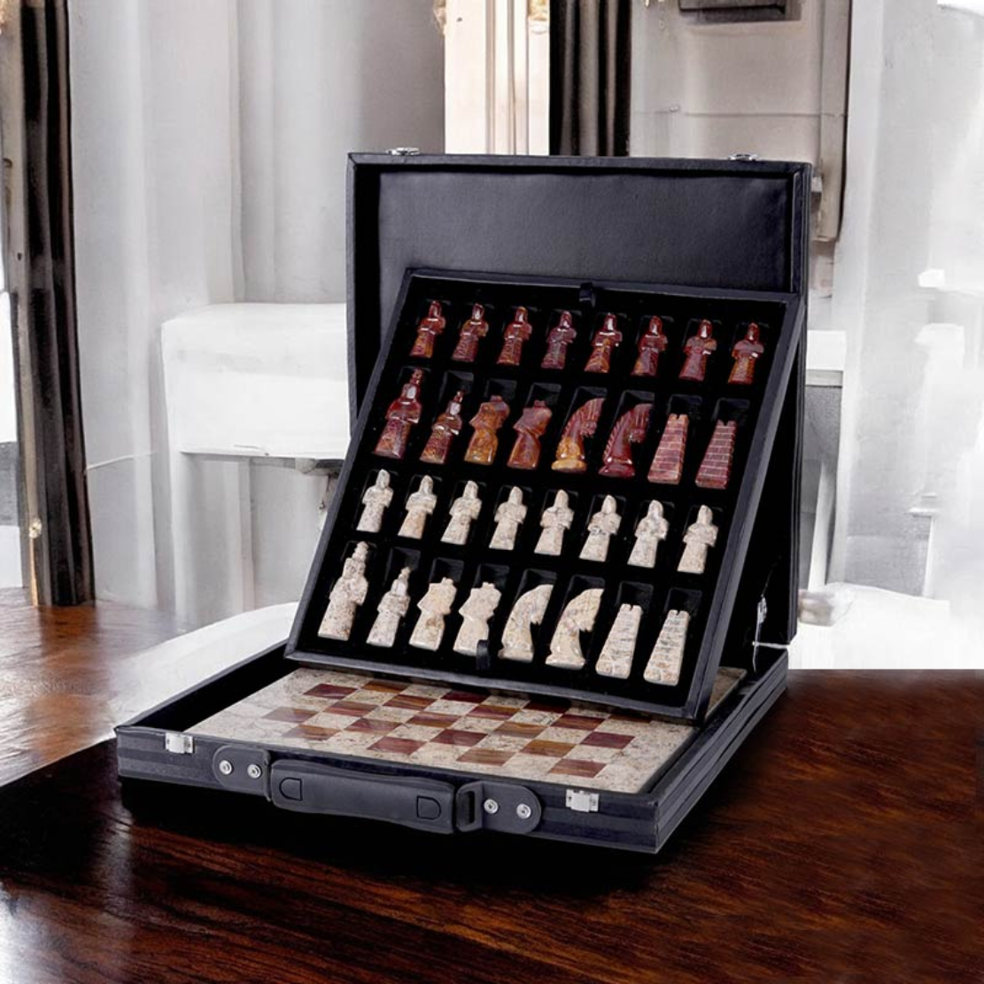 Limited Edition Handcrafted Coral & Red Marble Chess Set with Antique Pieces