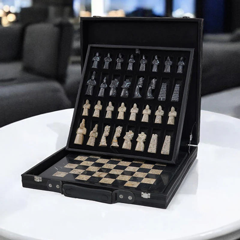Limited Edition Handcrafted Black & Coral Marble Chess Set with Antique Pieces