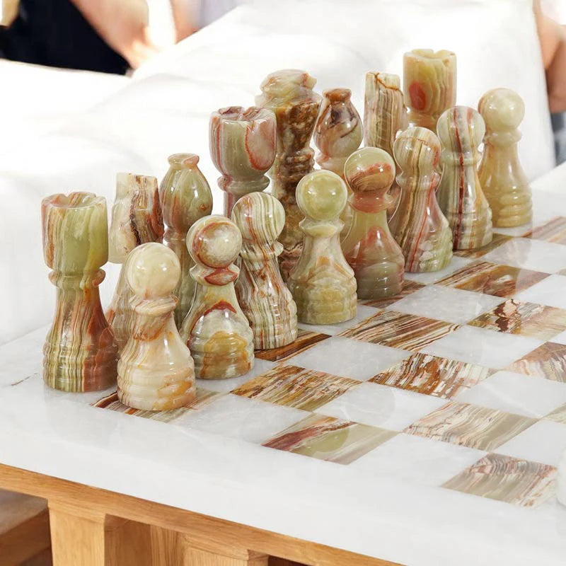 Luxurious and Timeless: White & Onyx Marble Chess Set