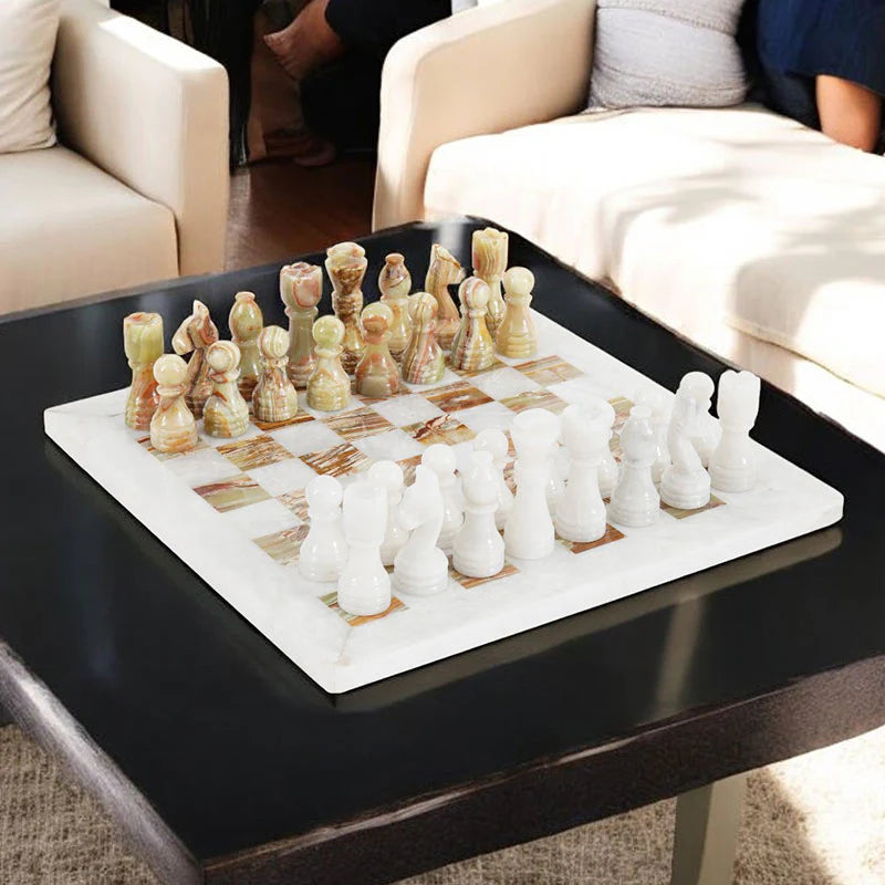 Luxurious and Timeless: White & Onyx Marble Chess Set
