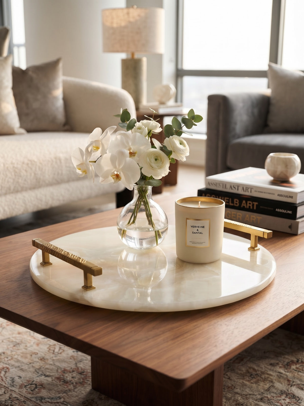 Onyx Pearl round serving platter in ivory onyx with gold handles – Grable Store Rare Stone Collection