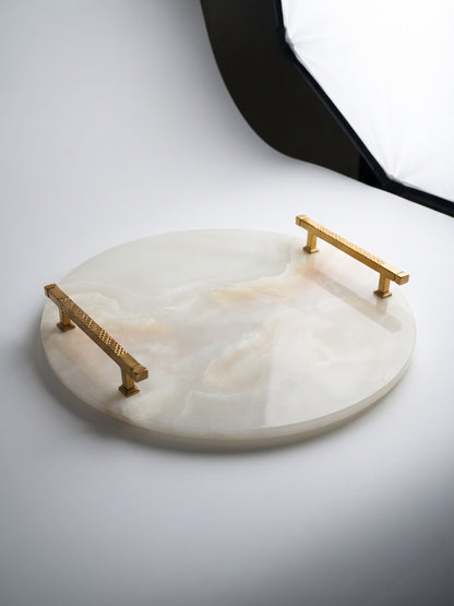 Onyx Pearl Signature Platter – solid 20mm natural onyx round platter with textured gold handles