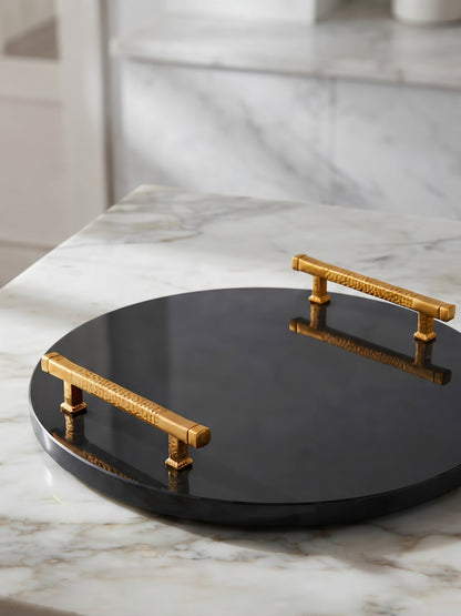Nero Granite Signature Platter – solid 20mm black granite round platter with hammered gold handles