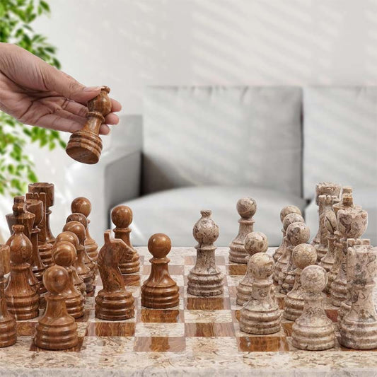 Warm and Inviting: Coral & Brown Marble Chess Set