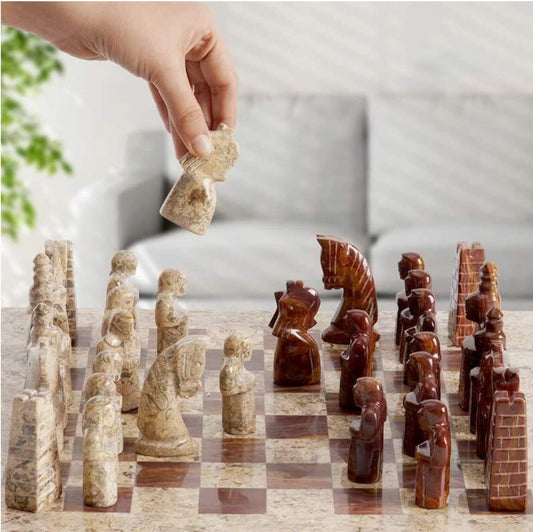 Limited Edition Handcrafted Coral & Red Marble Chess Set with Antique Pieces