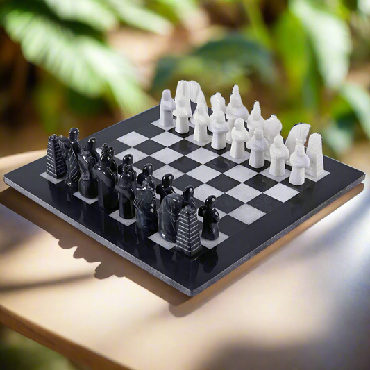 Limited Edition Handcrafted Black & White Marble Chess Set with Antique Pieces