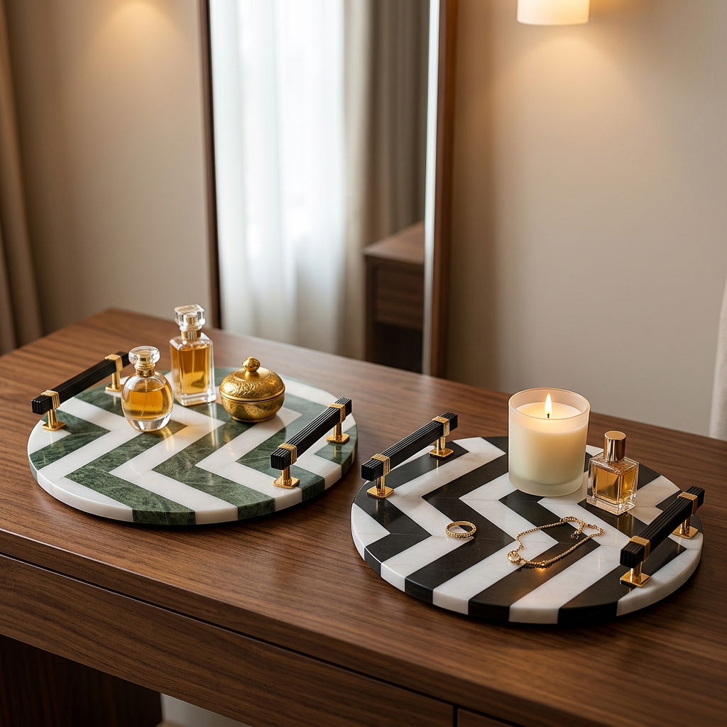 Green and black chevron platter bundle styled together on a vanity