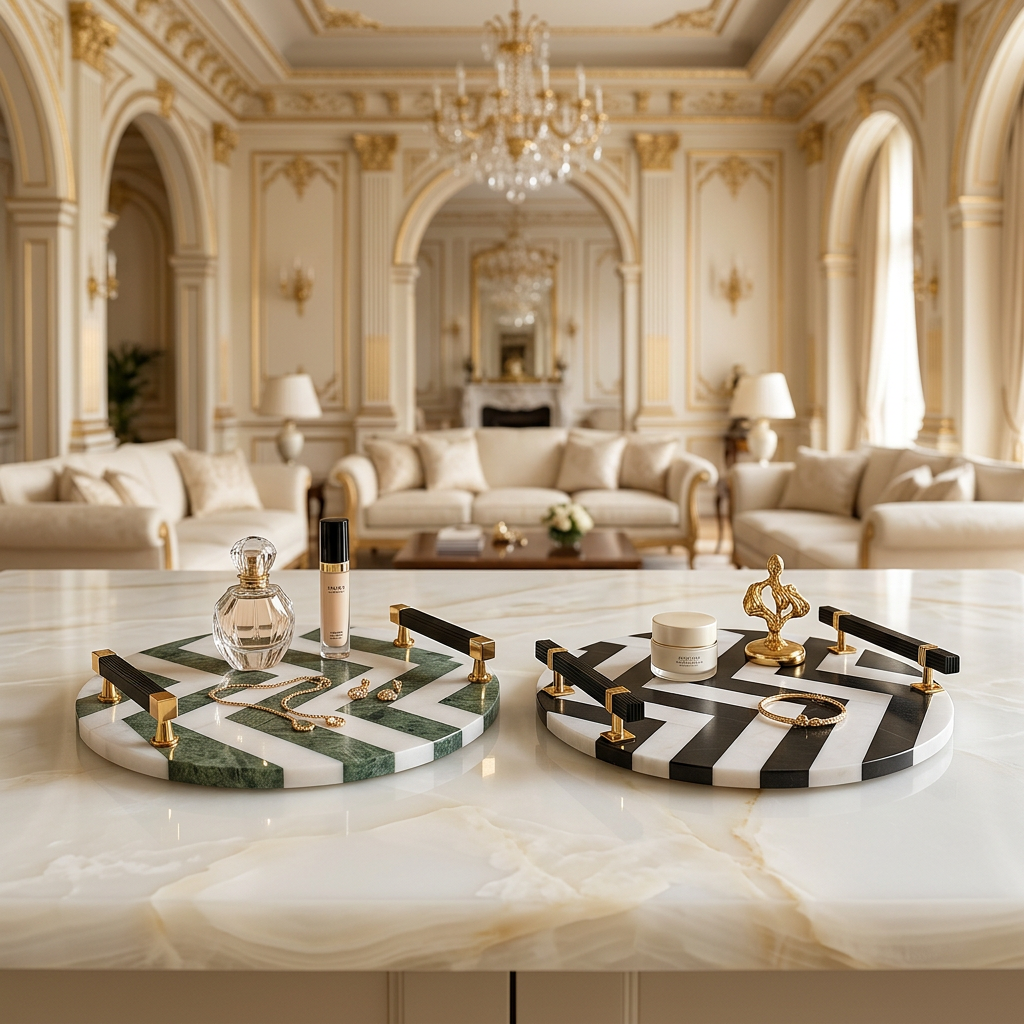 Green and black chevron platters on a white onyx island in a lavish palace living room