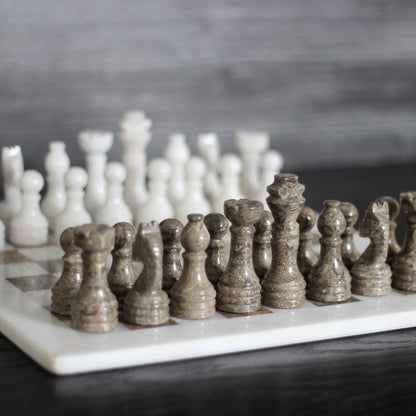 Serene Serenity: White & Gray Marble Chess Set