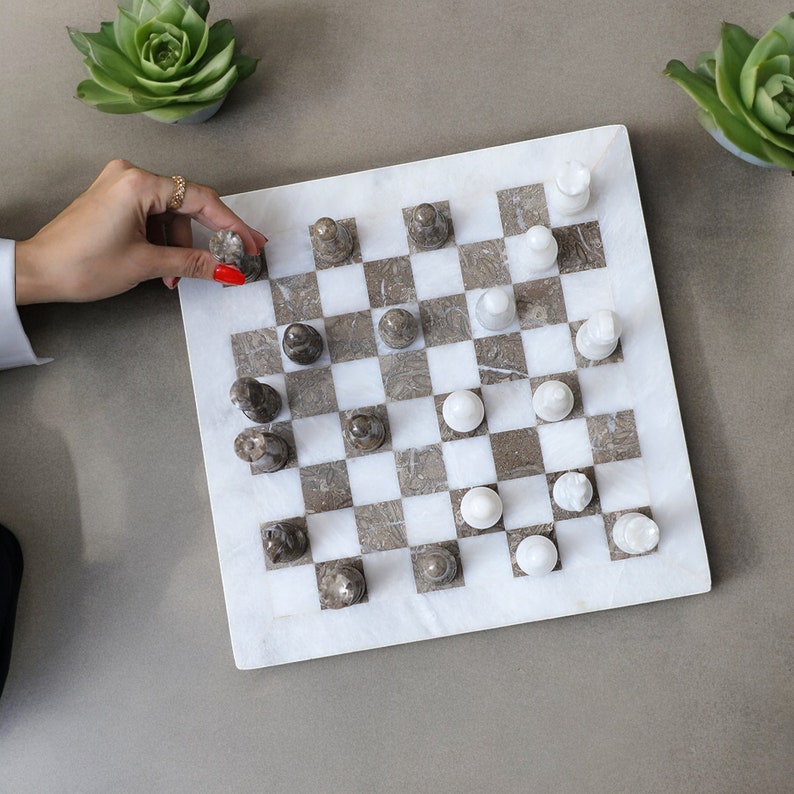 Serene Serenity: White & Gray Marble Chess Set