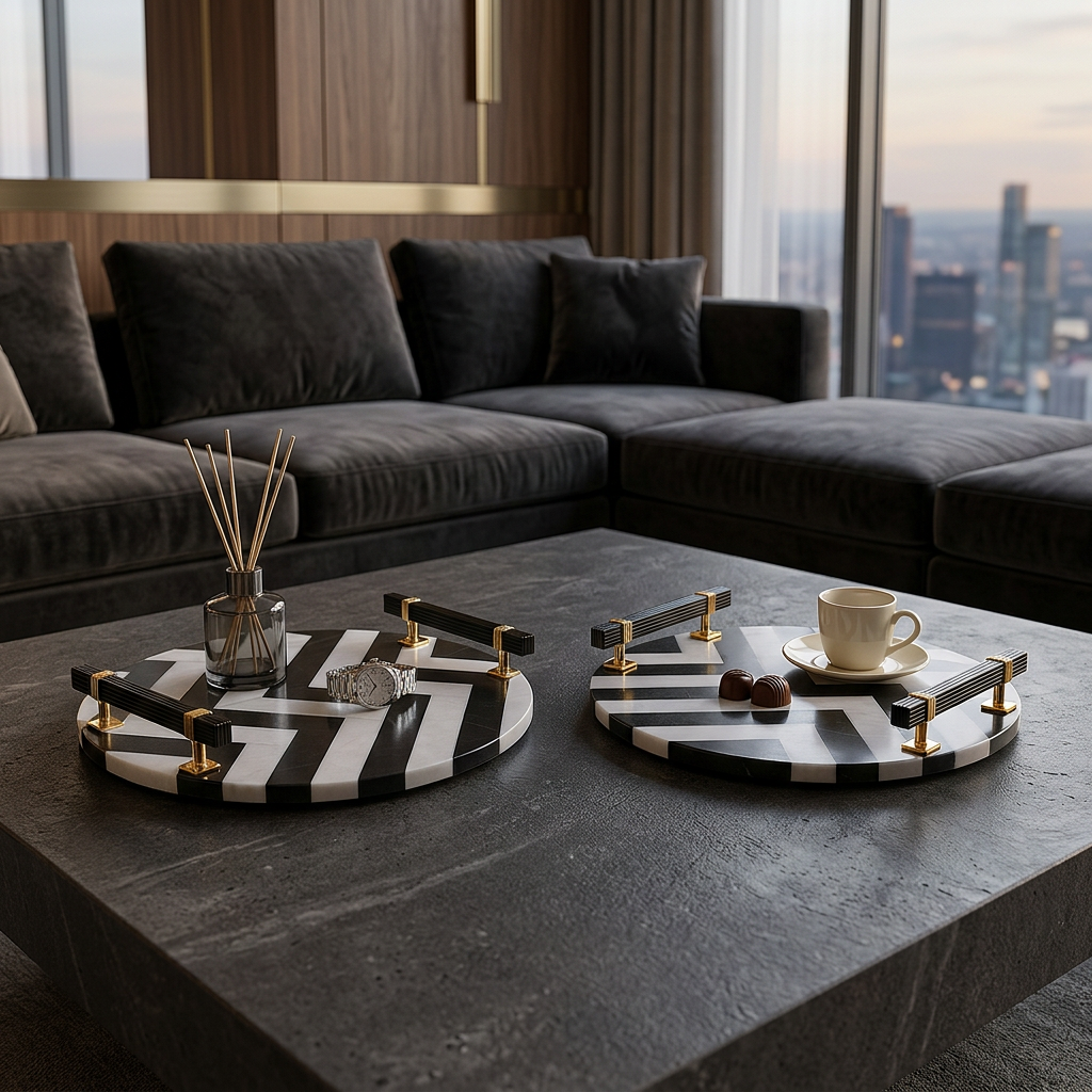 Two black chevron platters in a luxury penthouse setting