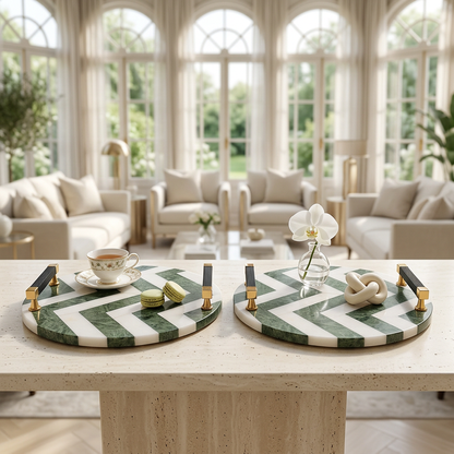 Two green chevron platters in a sunlit conservatory setting